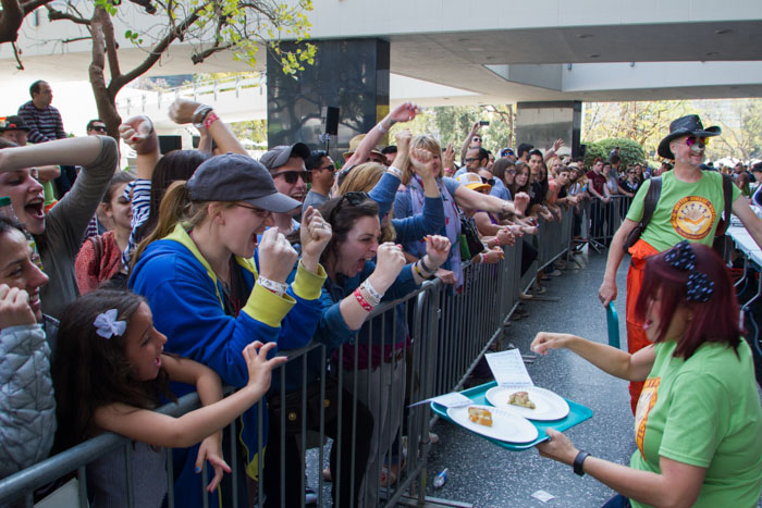 Judges scream for sandwiches delivered by Johanna Zorrilla Mancini at the Last Grilled Cheese Invitational at the Los Angeles Center Studios on Saturday April 12, 2014.  